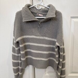 SO Gray & White Striped Ribbed Half-Zip Turtleneck Sweater